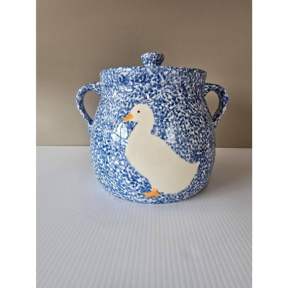 Vintage Blue Speckled Crock with Goose Cookie Jar